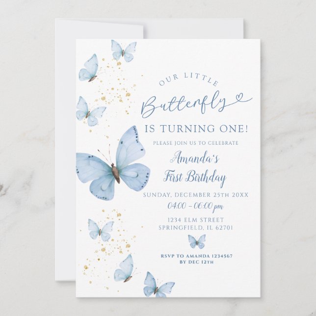 Invitación La mariposa de oro azul cumple un cumpleaños (Anverso)