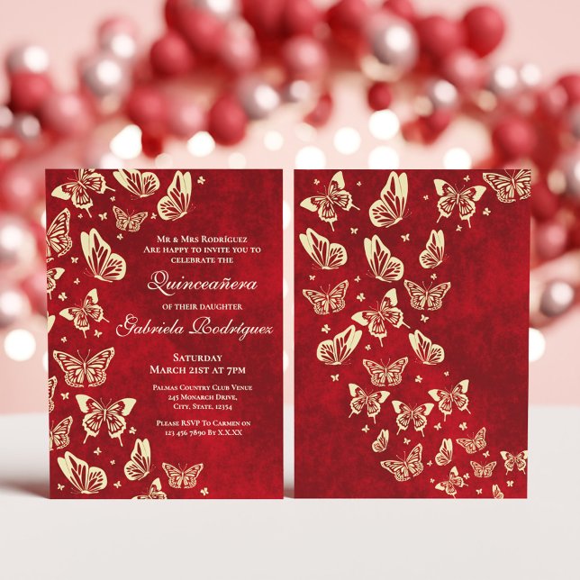 Invitación La mariposa dorada roja de Borgoña Mis Quince cump (Red Burgundy Gold Butterfly Mis Quince 15 birthday Invitation)