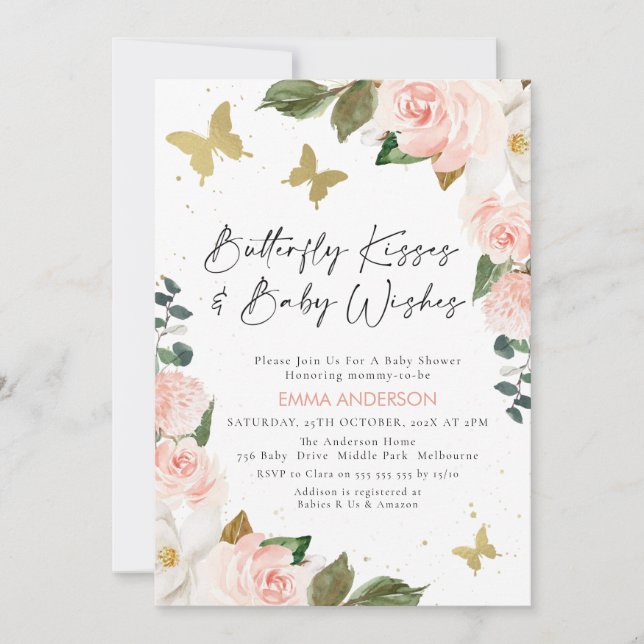 Invitación La mariposa floral rosa de Boho besa Baby Shower (Anverso)