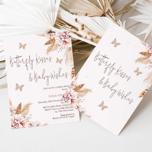 Invitación La mariposa floral rosada besa a Baby Shower (
Editable Boho Floral Butterfly Kisses and Baby Wishes Baby Shower Invitation, Bohemian Butterfly
)