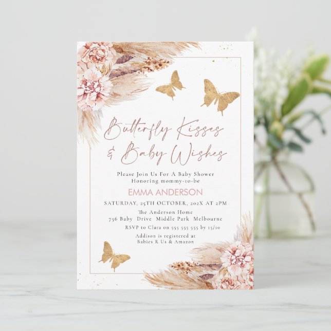 Invitación La mariposa floral rosada besa a Baby Shower (Anverso de pie)