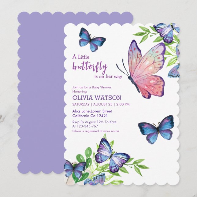 Invitación La mariposa pequeña está en camino a Baby Shower m (Anverso / Reverso)
