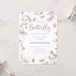 Invitación La Mariposa Púrpura Rosa Está En Camino De Baby Sh