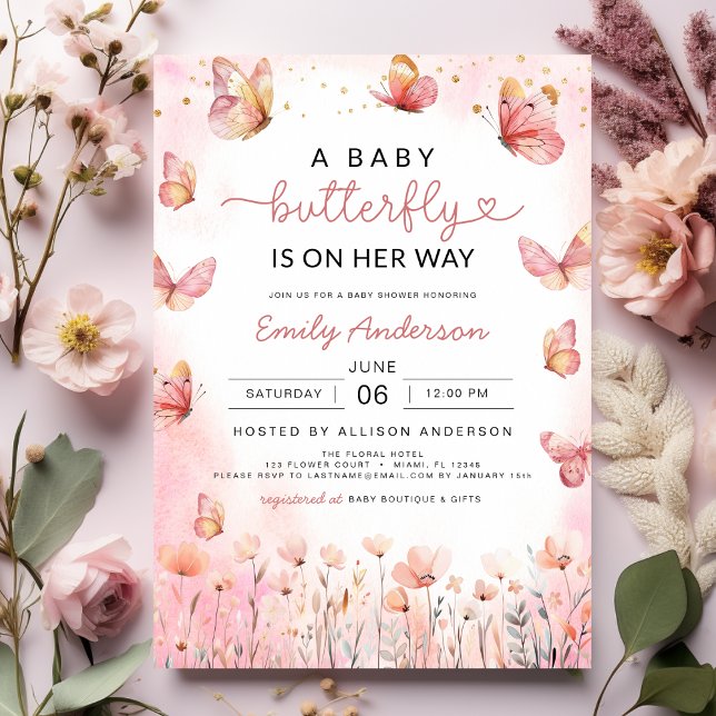 Invitación La mariposa rosada a bebé está en camino de la duc (Subido por el creador)