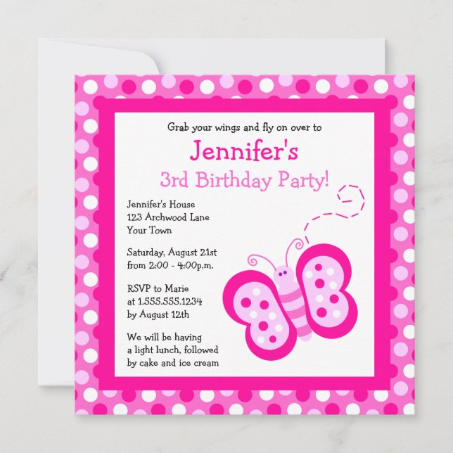 Invitación La mariposa rosada linda con cumpleaños de los (Anverso)