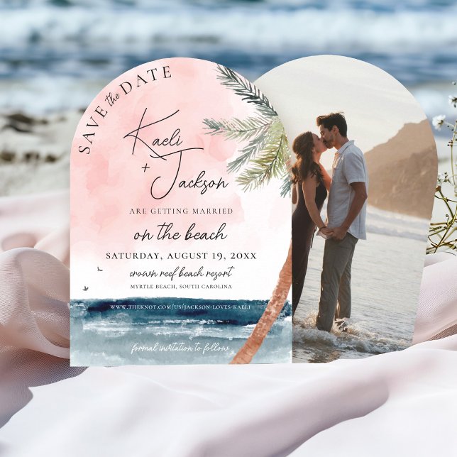 Invitación La Moda costera de la playa de fotos Boda salva la (Tropical beach watercolor palm trees navy ocean pink sunset photo wedding arch save the date)