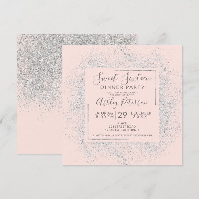 Invitación La moda de plata del marco del purpurina se (Anverso / Reverso)