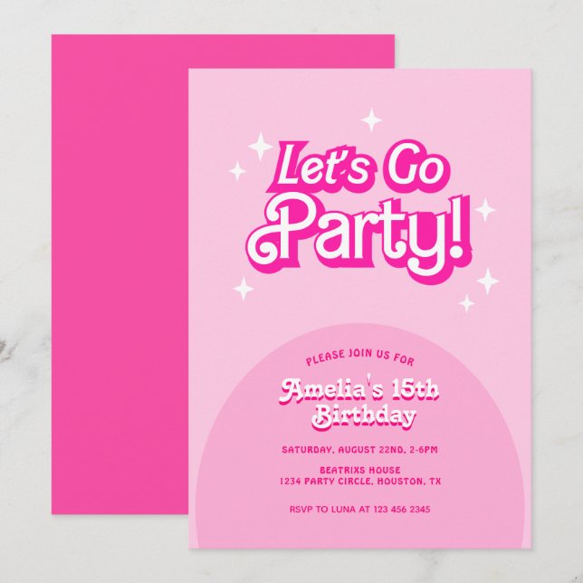 Invitación la moda Let's Go Fiesta pink Birthday (Anverso / Reverso)