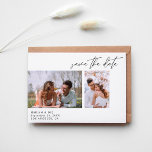 Invitación La Moda moderna dos fotos salvan la fecha en blanc<br><div class="desc">Haga que sus invitados se entusiasmen con su boda enviando una tarjeta de fecha moderna y de Moda de dos fotos blanco salve la tarjeta con su fotografía y caligrafía moderna. Vea nuestra colección de invitaciones para bodas fotográficas para más estilos u orientaciones fotográficas.</div>