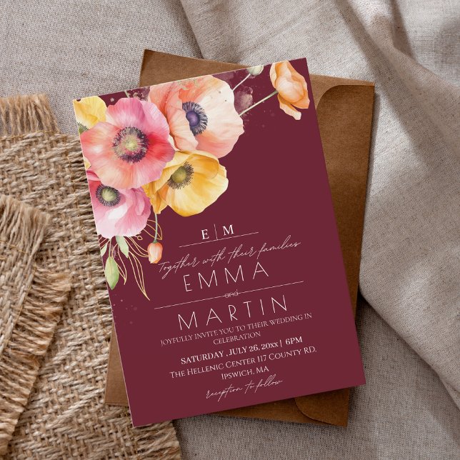 Invitación La moderna acuarela borgoñona a un Boda floral (Subido por el creador)