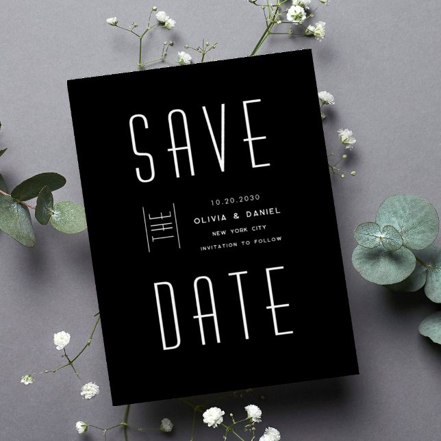 Invitación La moderna boda blanca y negra salva la fecha (Subido por el creador)