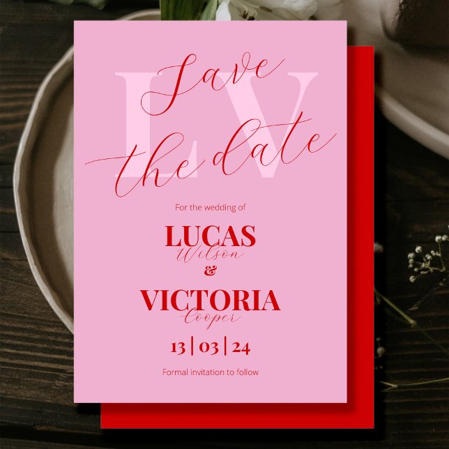 Invitación La moderna Boda rosa brillante y roja salva la fec (Subido por el creador)