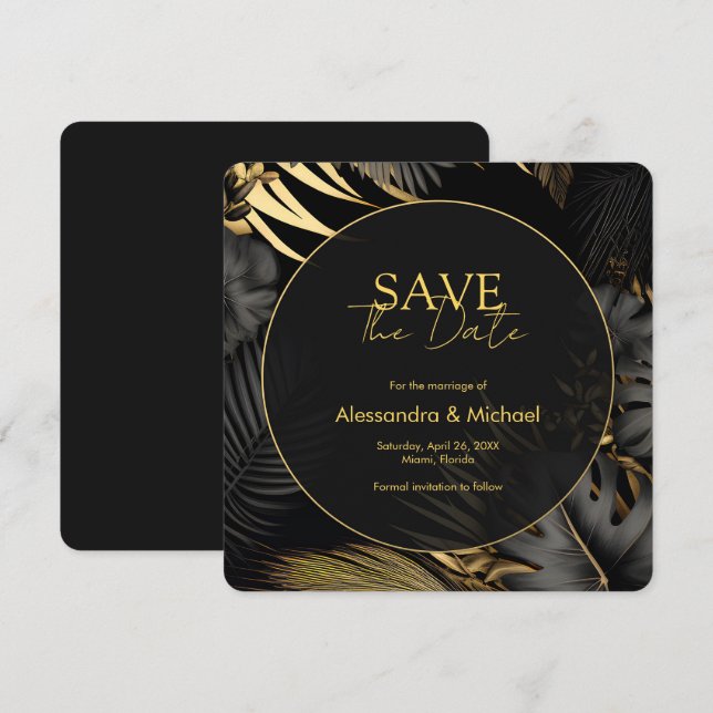 Invitación La moderna boda tropical de oro negro salva la fec (Anverso / Reverso)