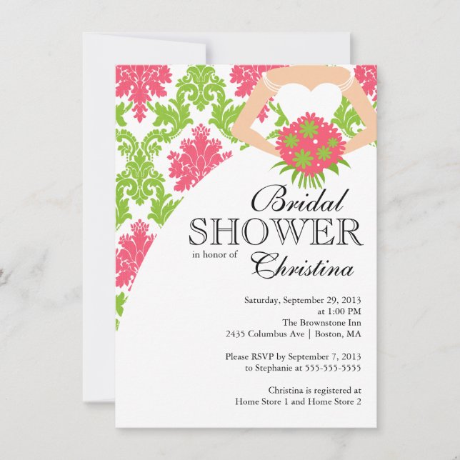 Invitación La moderna Damasco Rosa Hermosa Ducha Bridal (Anverso)