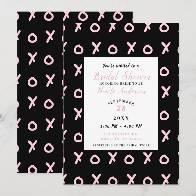 Invitación La moderna ducha de novia de Black & Baby Pink X O (Anverso / Reverso)