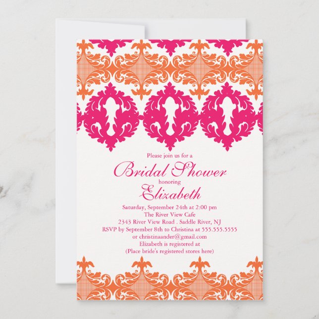 Invitación La moderna ducha nupcial de Fuchsia y Naranja Dama (Anverso)