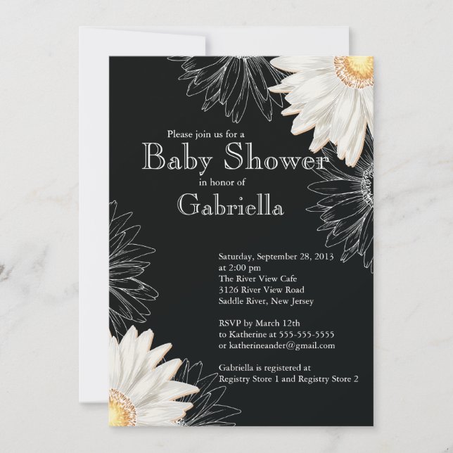 Invitación La moderna Gerbera blanca y negra Daisy Baby Showe (Anverso)