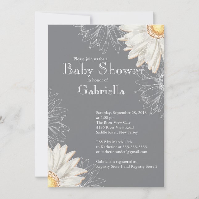 Invitación La moderna Gerbera gris y blanca Daisy Baby Shower (Anverso)