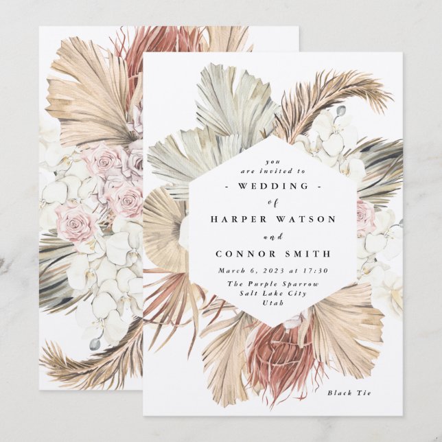 Invitación La moderna jungla tropical floral de Kraft Pampas (Anverso / Reverso)