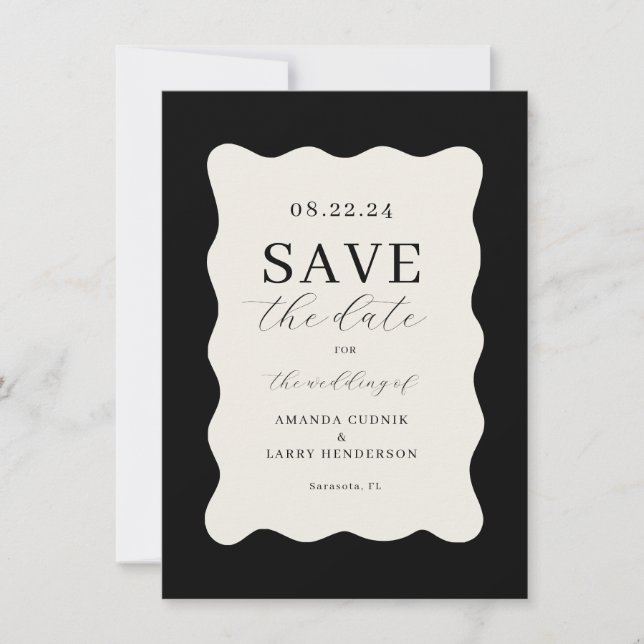 Invitación La moderna Wavy Black and Cream Wedding Salva la f (Anverso)