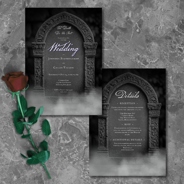 Invitación La muerte gótica de la il nos convierte en Boda de (Gothic Til Death Do Us Part Tombstone Wedding Invitation)