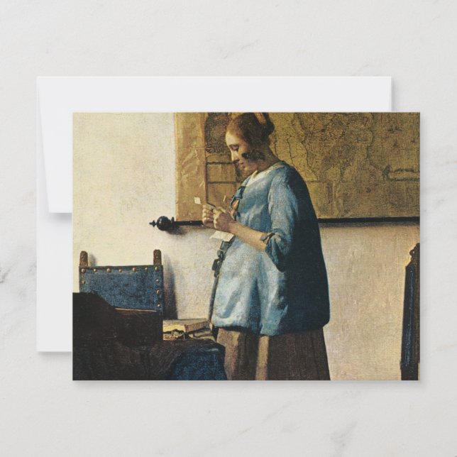 Invitación La mujer de Vermeer en azul que lee una letra (Anverso)