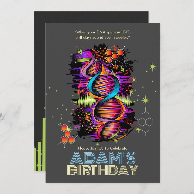 Invitación La música corre en tu cumpleaños de ADN (Anverso / Reverso)
