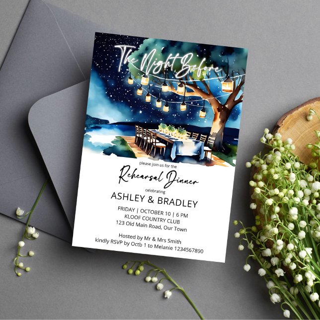 Invitación La noche anterior a la cadena de luces acuarela (The night before rehearsal dinner party template invitation digital download string of light night)