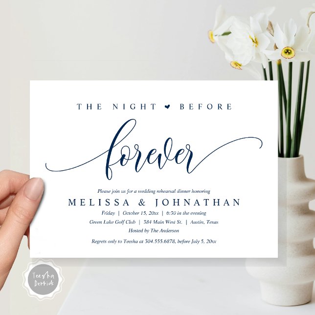 Invitación La noche anterior a la cena, ensayo Boda (The Night Before Forever, Modern Wedding Rehearsal Dinner Invitation Card, PDF, in Navy Blue)