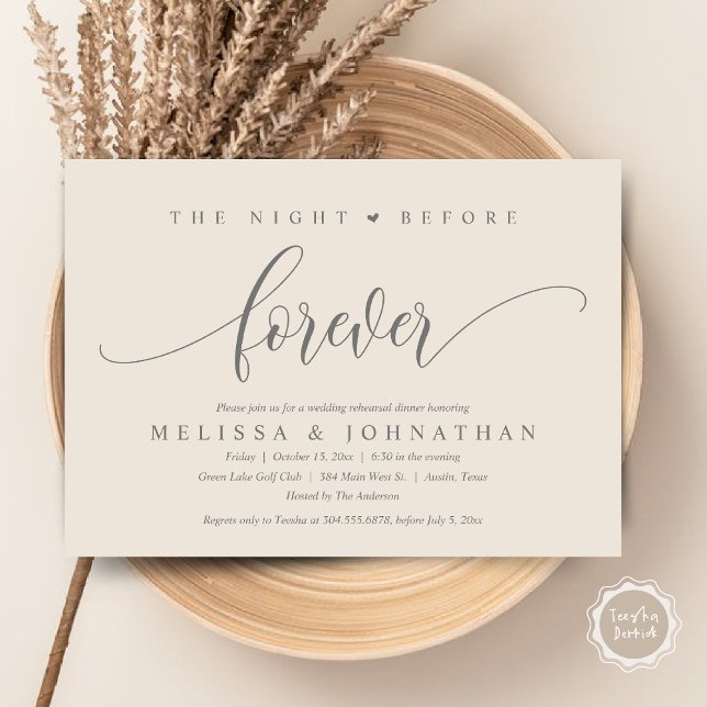 Invitación La noche anterior a la cena, ensayo Boda (The Night Before Forever, Modern Wedding Rehearsal Dinner Invitation Card, PDF, in Grey Cream)