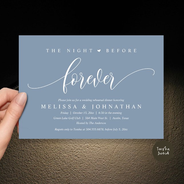 Invitación La noche anterior a la cena, ensayo Boda (The Night Before Forever, Modern Wedding Rehearsal Dinner Invitation Card, PDF, in Dusty Blue)