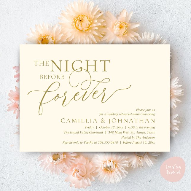 Invitación La noche anterior a la cena, ensayo Boda (The Night Before Forever Wedding Rehearsal Dinner Romantic Classy Invites Card PDF in Yellow Gold)