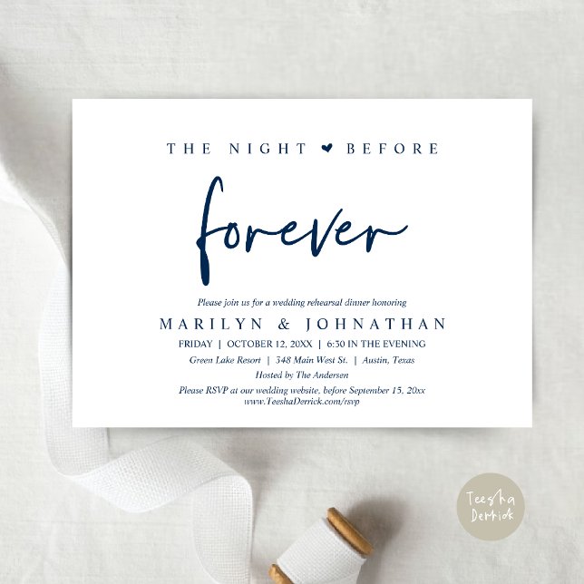Invitación La noche anterior a la cena, ensayo Boda (The Night Before Forever, Modern Wedding Rehearsal Dinner Invitation Card, PDF, in Navy Blue)