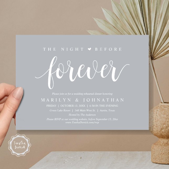 Invitación La noche anterior a la cena, ensayo Boda (The Night Before Forever, Wedding Rehearsal Dinner Invitation Card, PDF, Modern rustic, Chill Grey)