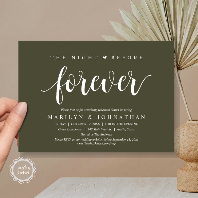 Invitación La noche anterior a la cena, ensayo Boda (The Night Before Forever, Wedding Rehearsal Dinner Invitation Card, PDF, Retro, Olive Green)