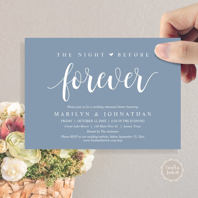 Invitación La noche anterior a la cena, ensayo Boda (The Night Before Forever, Wedding Rehearsal Dinner Invitation Card, PDF, Retro Rustic, Dusty Blue)