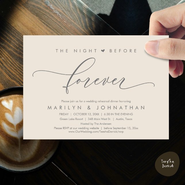 Invitación La noche anterior a la cena romántica de ensayo (Romantic The Night Before Forever, Wedding Rehearsal Dinner Invitation Card, PDF, Dark Grey Cream)