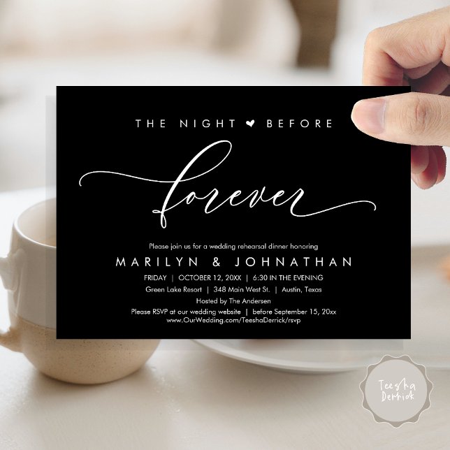 Invitación La noche anterior a la cena romántica de ensayo (Modern Romantic The Night Before Forever, Wedding Rehearsal Dinner Invitation Card, PDF, Black)