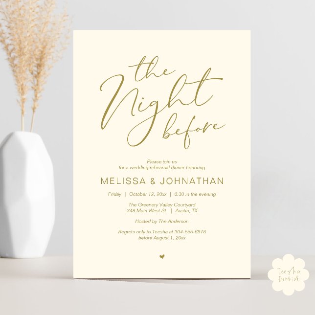 Invitación La noche anterior al Fiesta del ensayo Boda románt (The Night Before Romantic Modern Wedding Rehearsal Dinner Aesthetic Invites PDF Classy Yellow Gold)