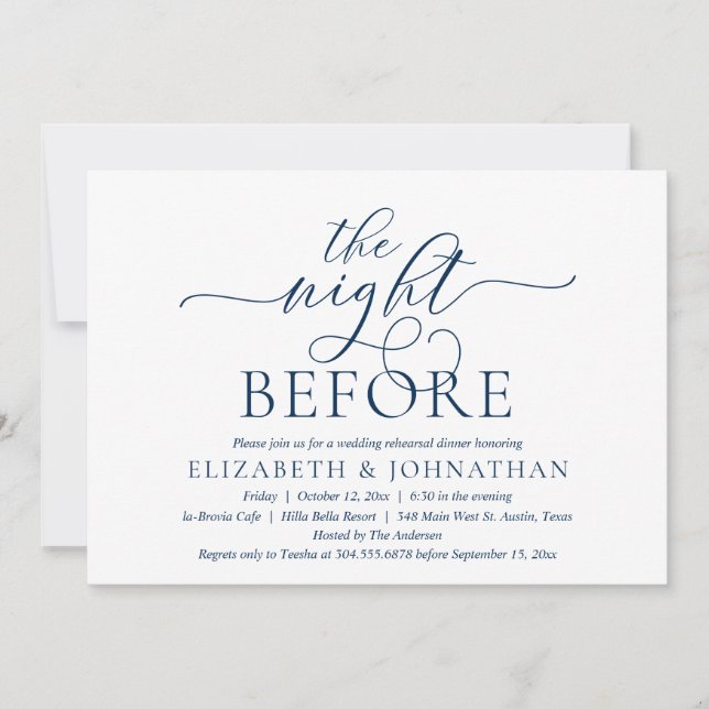 Invitación La noche anterior, azul marino, cena de ensayo (Anverso)