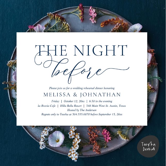 Invitación La noche anterior, azul marino, cena de ensayo (The Night Before, Romantic Wedding Rehearsal Dinner Invitation Card, PDF, Navy Blue)