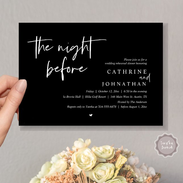Invitación La noche anterior, Boda Ensayo Cena (The night before, Wedding Rehearsal Dinner Invitation Card, PDF, in Classy Black)