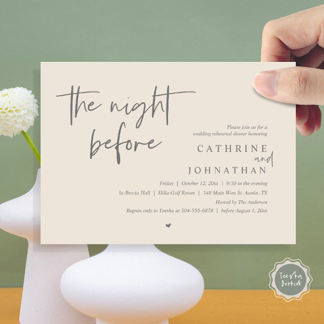 Invitación La noche anterior, Boda Ensayo Cena (The night before, Wedding Rehearsal Dinner Invitation Card, PDF, in Cream Grey)
