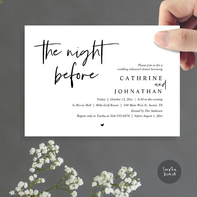 Invitación La noche anterior, Boda Ensayo Cena (The night before, Wedding Rehearsal Dinner Invitation Card, PDF, in Black and White)