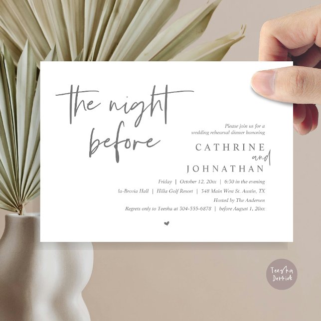 Invitación La noche anterior, Boda Ensayo Cena (The night before, Wedding Rehearsal Dinner Invitation Card, PDF, in Dark Grey)
