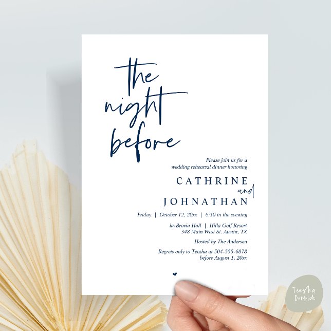 Invitación La noche anterior, Boda Ensayo Cena (The night before, Modern Wedding Rehearsal Dinner Invitation Card, PDF, in Navy Blue)