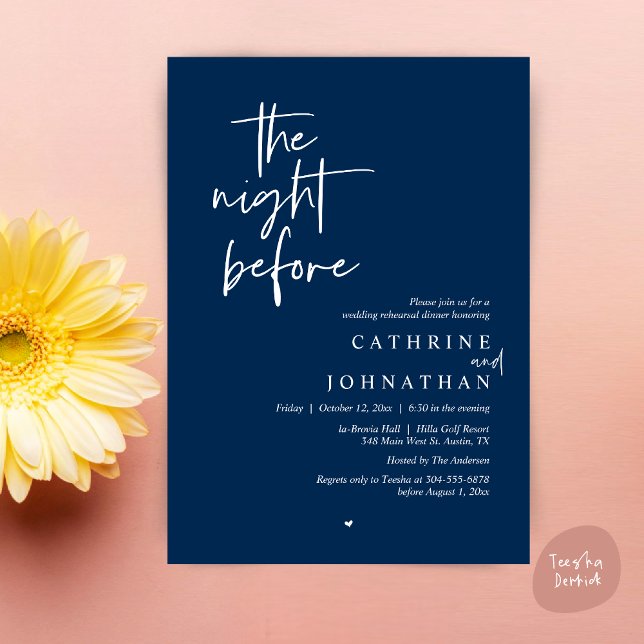 Invitación La noche anterior, Boda Ensayo Cena (The night before, Modern Wedding Rehearsal Dinner Invitation Card, PDF, in Navy Blue)