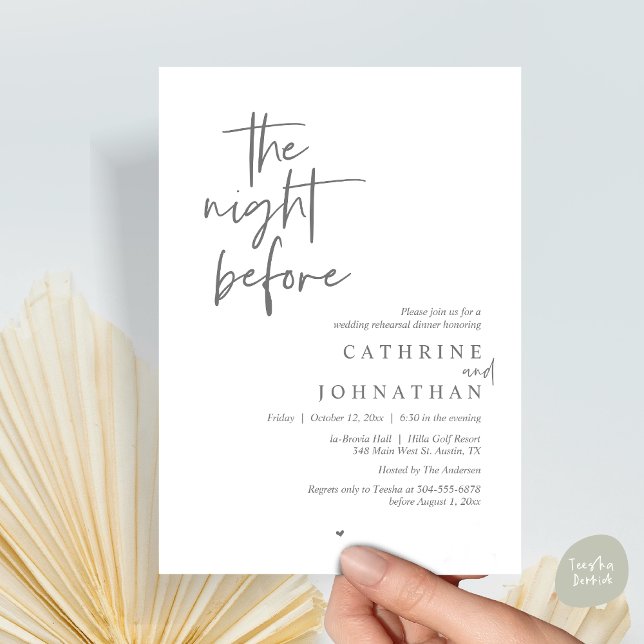 Invitación La noche anterior, Boda Ensayo Cena (The night before, Modern Wedding Rehearsal Dinner Invitation Card, PDF, in Dark Grey)