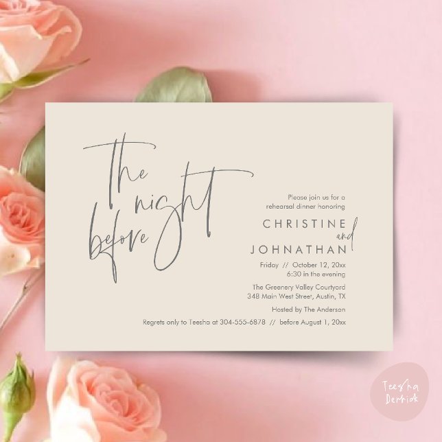 Invitación La noche anterior, Boda ensayó la cena (The night before, Casual Modern Wedding Rehearsal Dinner Invitation Card PDF Cream Grey)