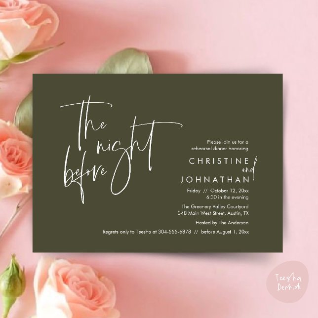 Invitación La noche anterior, Boda ensayó la cena (The night before, Casual Modern Wedding Rehearsal Dinner Invitation Card PDF Olive Green)